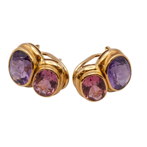 117 - Continental ContemporaryAn attractive pair of amethyst and pink tourmaline two stone earringsMo... 