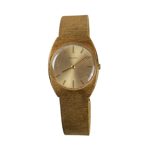 120 - DelanoSwissCirca 1970An 18 carat gold lady's bracelet wristwatchThe circular dial with brushed gold ... 