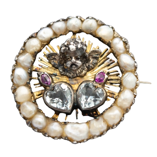 122 - ContinentalCirca 1900A very pretty heart shaped aquamarine, split pearl and ruby angel circle brooch... 