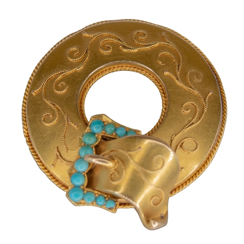 123 - BritishVictorianA bloomed yellow gold and turquoise circle buckle broochWith gold cannetile and wire... 