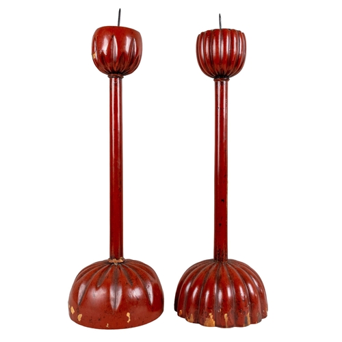 633 - Japanese20th CenturyA pair of red lacquer pricket candlesticksTo be sold without reserveDimensions:2... 