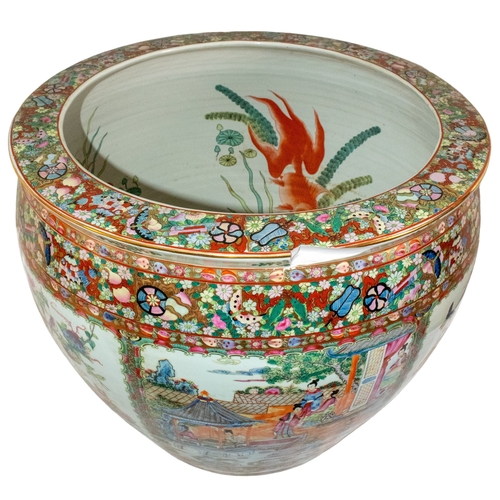 651 - Chinese20th CenturyA massive Canton style fish bowlDecorated with floral, fish and courtly motifsDim... 