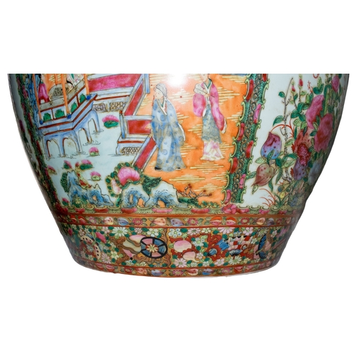 651 - Chinese20th CenturyA massive Canton style fish bowlDecorated with floral, fish and courtly motifsDim... 