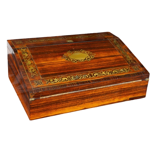 672 - EnglishRegencyA rosewood writing box inlaid with brassInterior with two inkwells and original keyDim... 