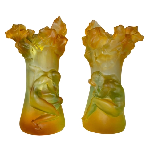 679 - Art DecoPossibly I Roubloff (1877-1970)A pair of yellow Pâte de Verre vases with figuresDimensions:1... 