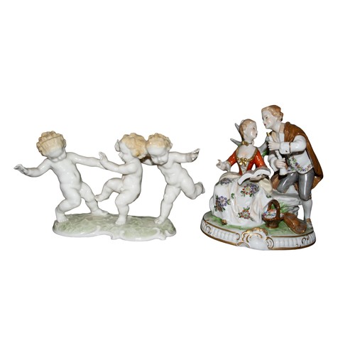 697 - Two German porcelain groupsEarly 20th centuryPrinted marksOne with a young couple holding sheet musi... 