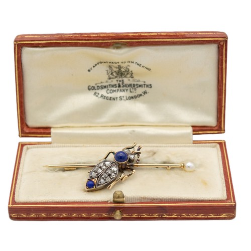 77 - BritishCirca 1900A rose cut diamond, natural pearl and lapis lazuli insect broochIn the original Gol... 