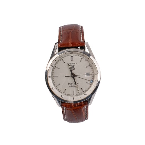 127A - Tag HeuerA stainless steel Carrera Twin-Time automatic wristwatch. With white dial with baton hour m... 