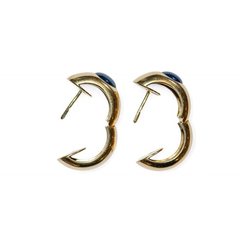 124A - ContemporaryA pair of 18 carat gold and cabochon sapphire hoop earringsThe hoops each set to the fro... 