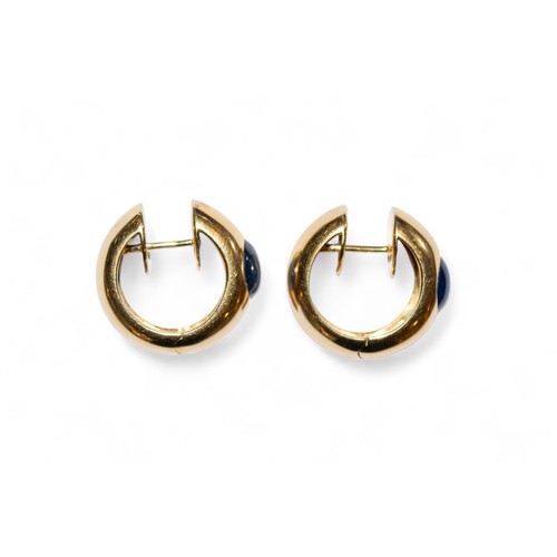 124A - ContemporaryA pair of 18 carat gold and cabochon sapphire hoop earringsThe hoops each set to the fro... 