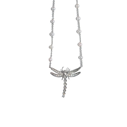 16 - Tiffany & Co.Circa 1996A pretty diamond, platinum, and cultured pearl dragon fly necklaceWith cu... 