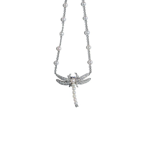 16 - Tiffany & Co.Circa 1996A pretty diamond, platinum, and cultured pearl dragon fly necklaceWith cu... 