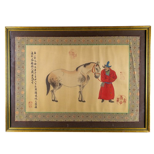 369A - Three Chinese paintings of grooms and horsesInk and colour on paper, with a fabric borderDimensions ... 