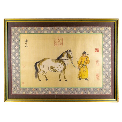 369A - Three Chinese paintings of grooms and horsesInk and colour on paper, with a fabric borderDimensions ... 