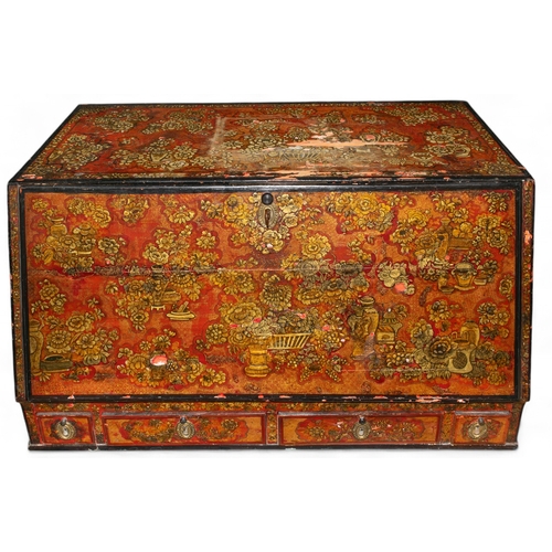 102 - EnglishChinoiserieAn early 18th century scarlet lacquer bureau, with carrying handles. Profusely dec... 