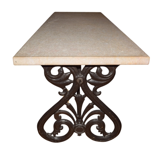 129 - Garden furniture, a reconstituted stone and iron tableDimensions:30 in. (H) x 29.5 in. (W) x 84.75 i... 