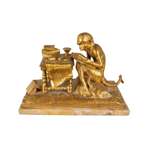 159 - French, 19th CenturyA gilded bronze of a monkey at study with maps of America on a marble baseProper... 