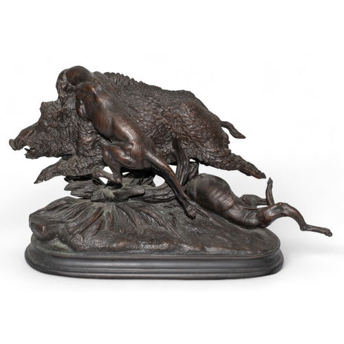 162 - After Jules Moigniez (French, 1835 - 1894)Two hounds attacking a boarBronzeSigned in bronze on baseC... 