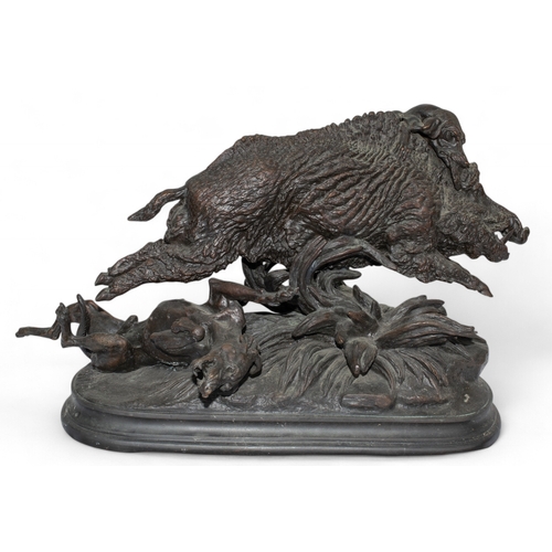 162 - After Jules Moigniez (French, 1835 - 1894)Two hounds attacking a boarBronzeSigned in bronze on baseC... 