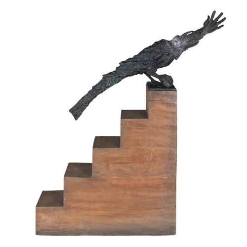 174 - Sergei Essaian (Russian, 1939-2007)Raven with a Hand in its BeakBronze on oak baseProvenance:Acquire... 