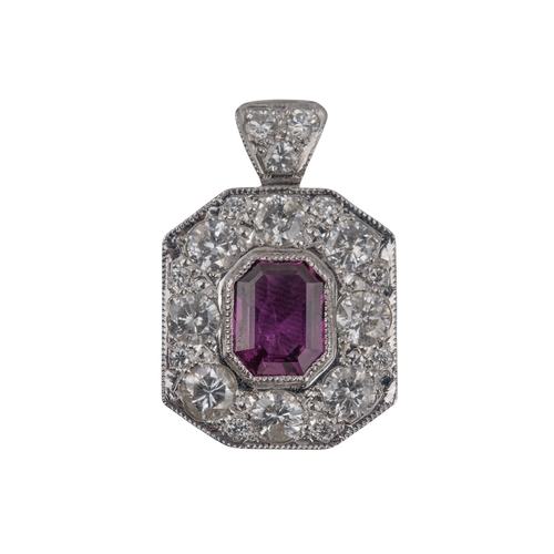 18 - BritishCirca 1980A ruby and diamond pendantThe ruby and diamonds mill grain set within an octagonal ... 