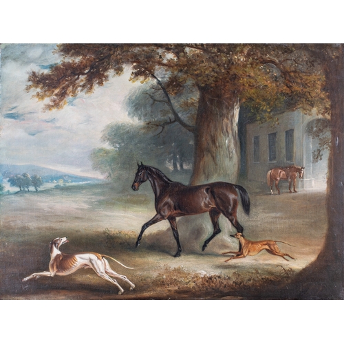 200 - Claude Lorraine Ferneley (British, 1822-1891)Two greyhounds with a dark bay filly in a park settingO... 