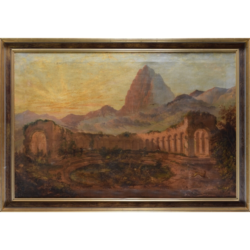 218 - Continental, 19th CenturyFigures hunting a puma amid classical ruins and a mountainous sunset landsc... 