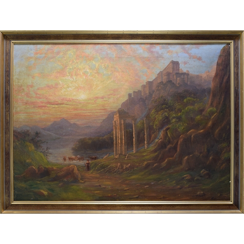 219 - Continental, 19th CenturyClassical ruins in a sunset landscapeOil on canvasDimensions:(Frame) 37 in.... 