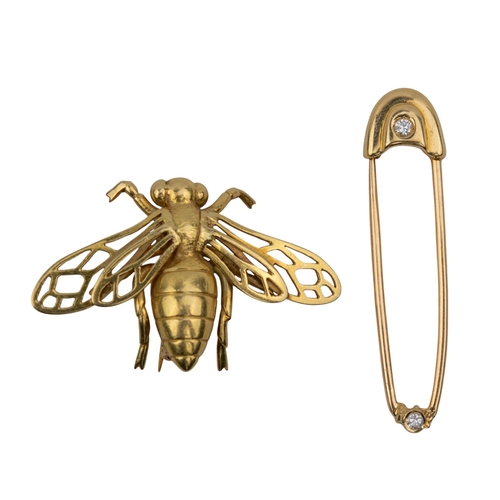 23 - BritishCirca 1980An 18 carat yellow gold moth brooch and yellow gold and diamond surety pinWeight: A... 