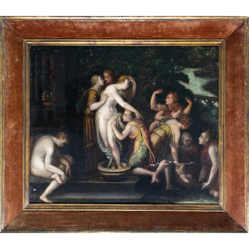 231 - School of Fontainebleau, French17th CenturyThe Finding of Moses by Pharaoh's DaughterOil on panelDim... 