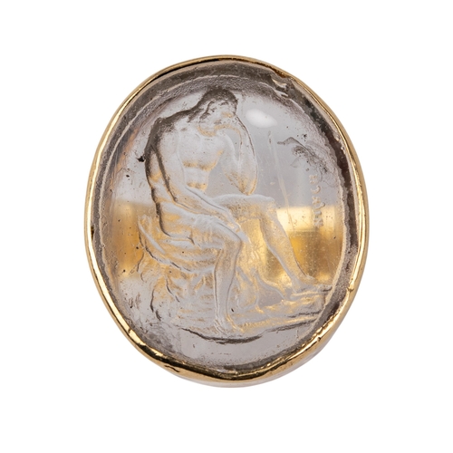 29 - Continental19th CenturyA glass intaglio seal ringLater mounted in a yellow gold settingSigned 'Bruch... 