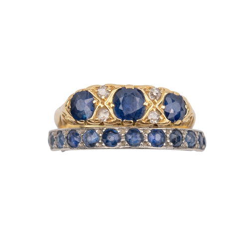 34 - BritishVictorian[a] A sapphire and diamond ring, in carved 18 carat yellow gold setting[b] A platinu... 