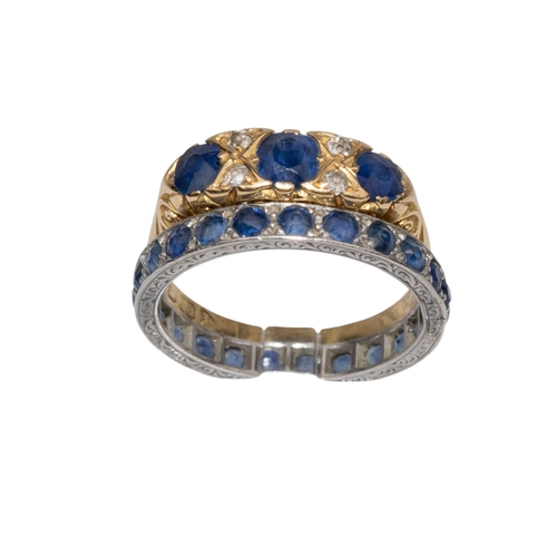 34 - BritishVictorian[a] A sapphire and diamond ring, in carved 18 carat yellow gold setting[b] A platinu... 