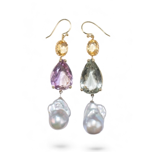 35 - ContinentalContemporaryAn attractive pair of 14 carat gold, amethyst and citrine Baroque pearl penda... 