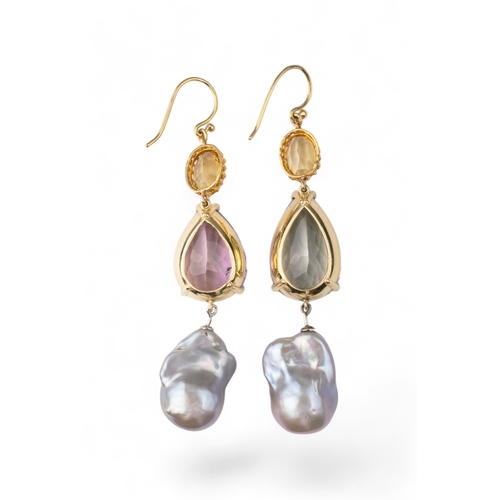 35 - ContinentalContemporaryAn attractive pair of 14 carat gold, amethyst and citrine Baroque pearl penda... 