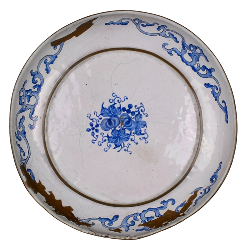 405 - Chinese, 19th century or earlierA large famille rose enamelled plate on copper with a very large blu... 