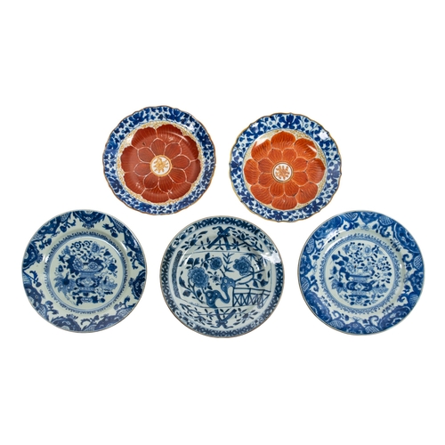 406 - 19th century and laterFive blue and white plates and two bowlsThe pair marked on reverse 'Japanese, ... 