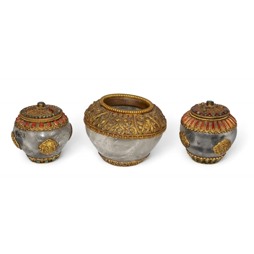 413 - Tibetan, 19th Century[a] Two rock crystal and gilt silver urns [b] A larger bowlWith gilt silver, an... 