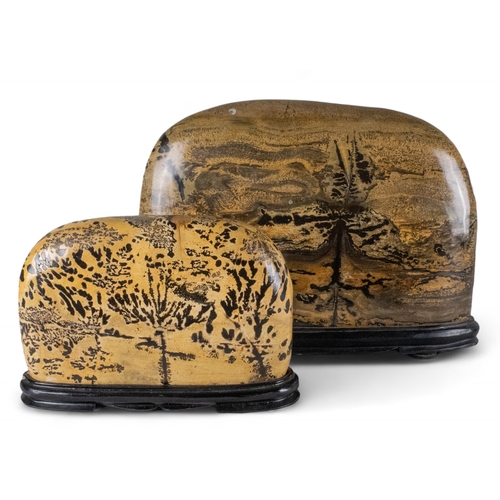 416 - ChineseTwo scholar stones on wood basesOne in jasper and one in agateN.b. one of the wood bases is d... 