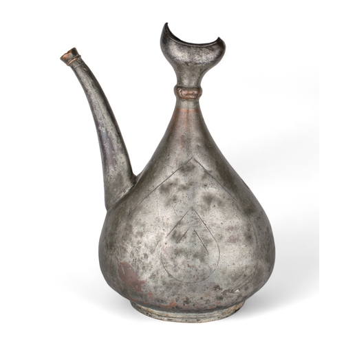 418 - Persian, Safavid17th centuryA tinned-copper flattened pear-shaped ewer, with sickle-form termin... 