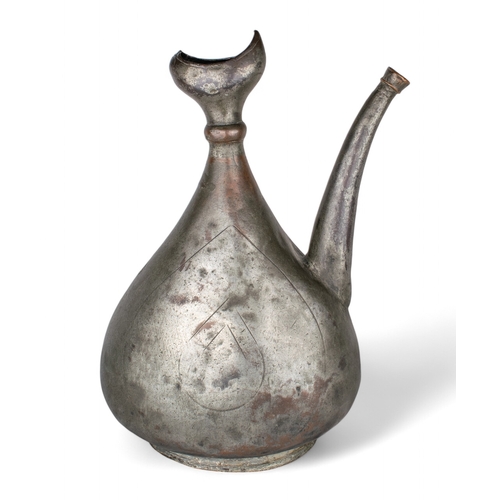 418 - Persian, Safavid17th centuryA tinned-copper flattened pear-shaped ewer, with sickle-form termin... 