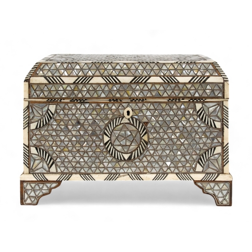 453 - Middle Easternc.1900A mosaic mother of pearl inlay casket, with ebony and bone stringing and mirror ... 