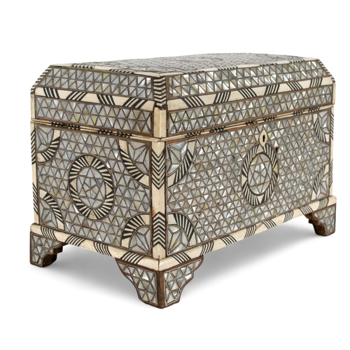 453 - Middle Easternc.1900A mosaic mother of pearl inlay casket, with ebony and bone stringing and mirror ... 