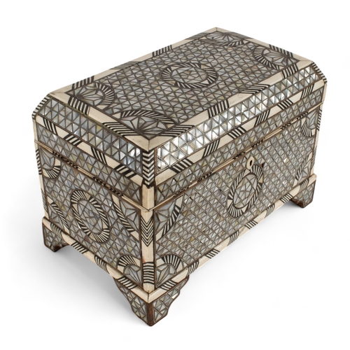 453 - Middle Easternc.1900A mosaic mother of pearl inlay casket, with ebony and bone stringing and mirror ... 