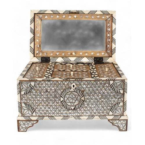 453 - Middle Easternc.1900A mosaic mother of pearl inlay casket, with ebony and bone stringing and mirror ... 