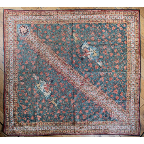 454 - Qajar (?)A hand-painted textile with hunting scene and floral motifDimensions:45 in. (H) x 50 in. (W... 