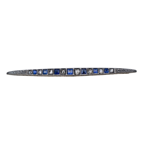 48 - ContinentalCirca 1920A graduated sapphire and diamond bar broochWithin a finely engraved gold and si... 