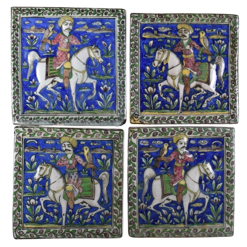 487 - Persian, QajarFour moulded tiles of princes huntingVery rare in this sizeDimensions:6 in. (H) x 6 in... 