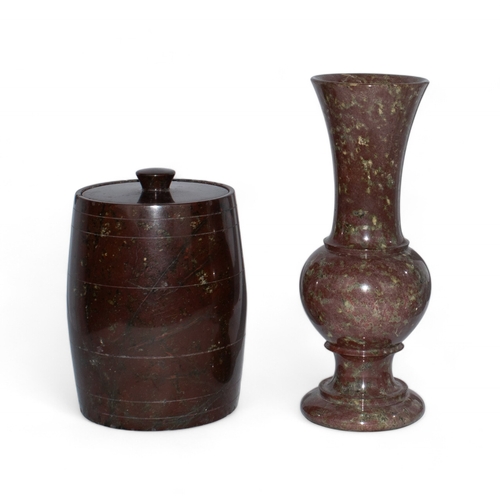 494 - Cornish Two serpentine items, to include a small bud vase and a barrel jarTo be sold without re... 