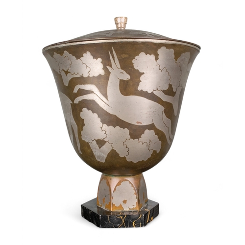 496 - Art Deco, Circa 1932A large Normandy navireSilvered bronze with marble mount, decorated with deer in... 